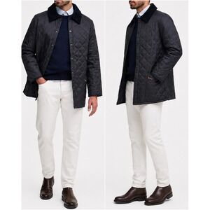 Barbour Liddesdale Quilted Jacket Men's Large Navy Corduroy Collar Snap Coat